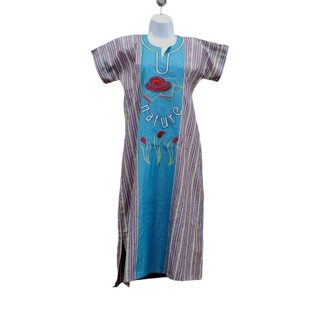 Cotton Kameez Tunic Top Egypt Blue Embroidered Small